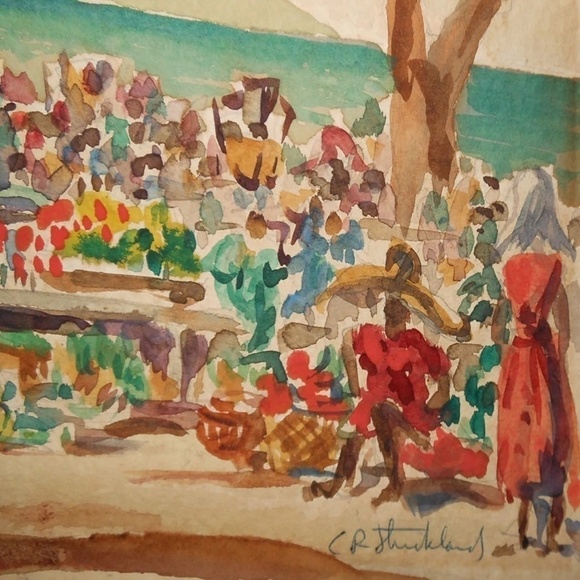 VINTAGE 1950s watercolor of ladies in food picnic area, signed - Picture 3 of 7